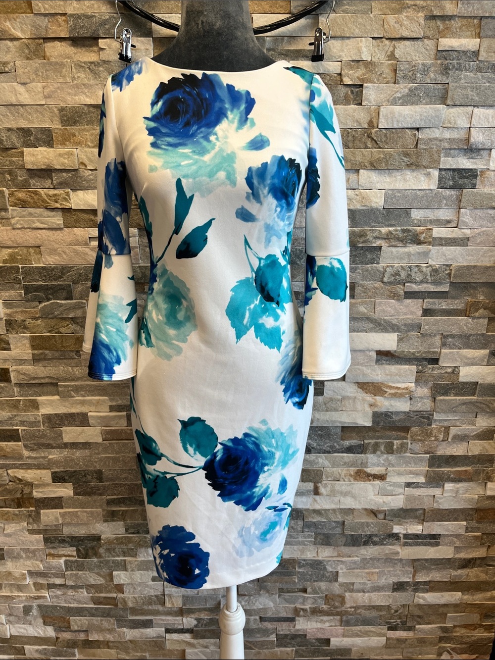 Calvin Klein White Sheath Dress with Blue Floral Print